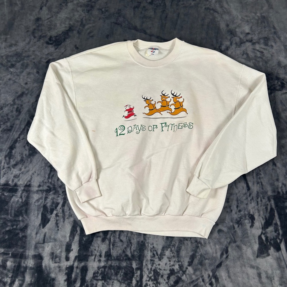 Vintage Jerzees Sweatshirt Mens XL White 12‎ Days of Fitness Christmas Reindeer